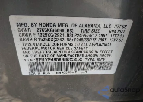 2009 Honda Pilot Ex-L из США, поврежденный, VIN 5FNYF48589B025252